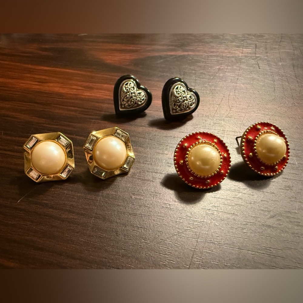 Three Pair Pierced Earring Bundle Office Pearl Classic Modest Costume